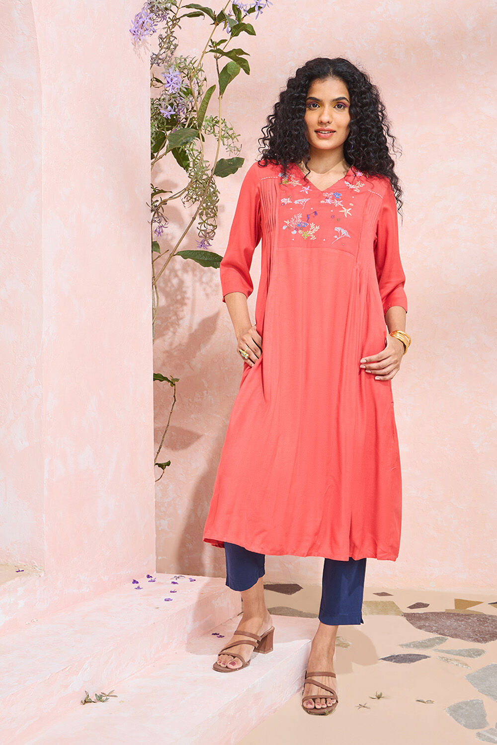 Orange Viscose Embroidered Kurta image number null