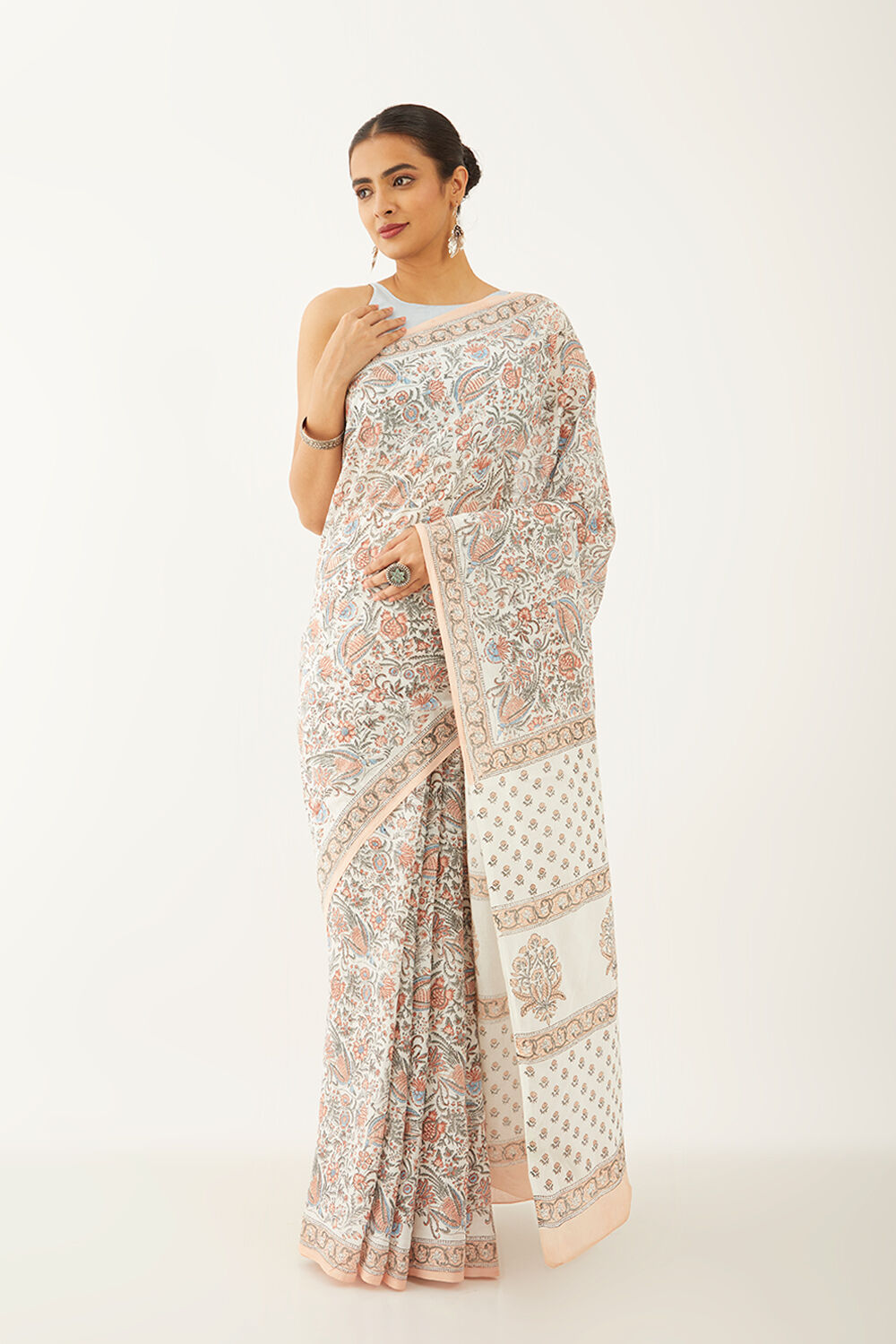 White Pure Cotton Block Print Saree image number null