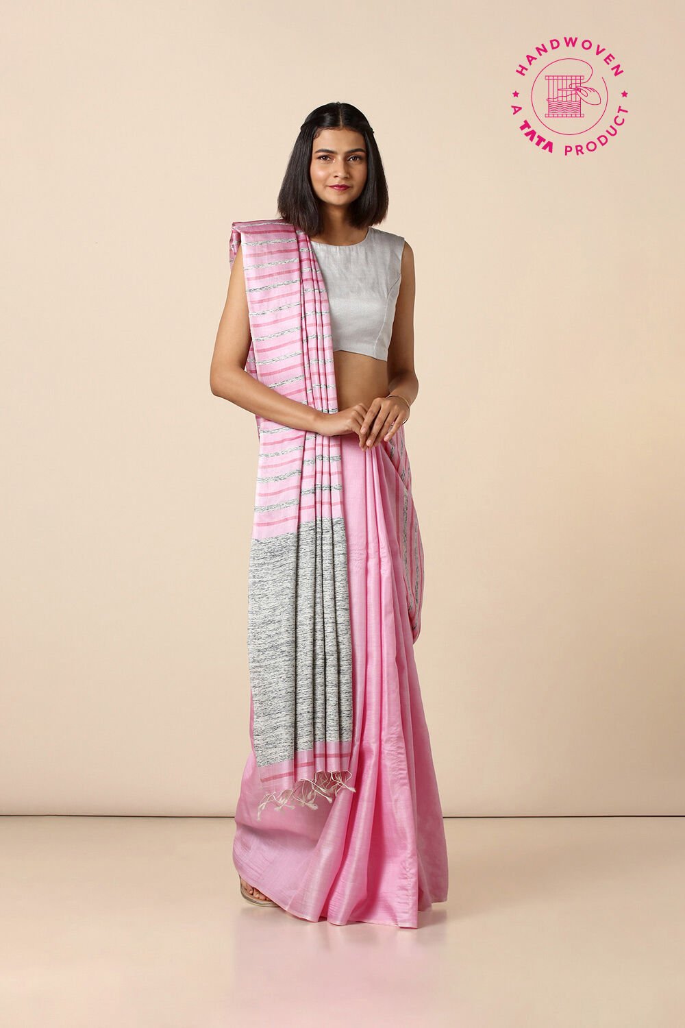 Pink Pure Tussar Silk Woven Saree image number null