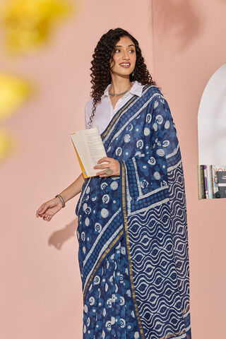 Blue Printed Mukaish Pure Silk Cotton Bagru Saree image number