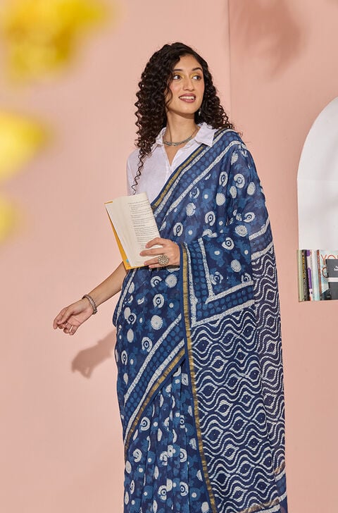 Blue Printed Mukaish Pure Silk Cotton Bagru Saree