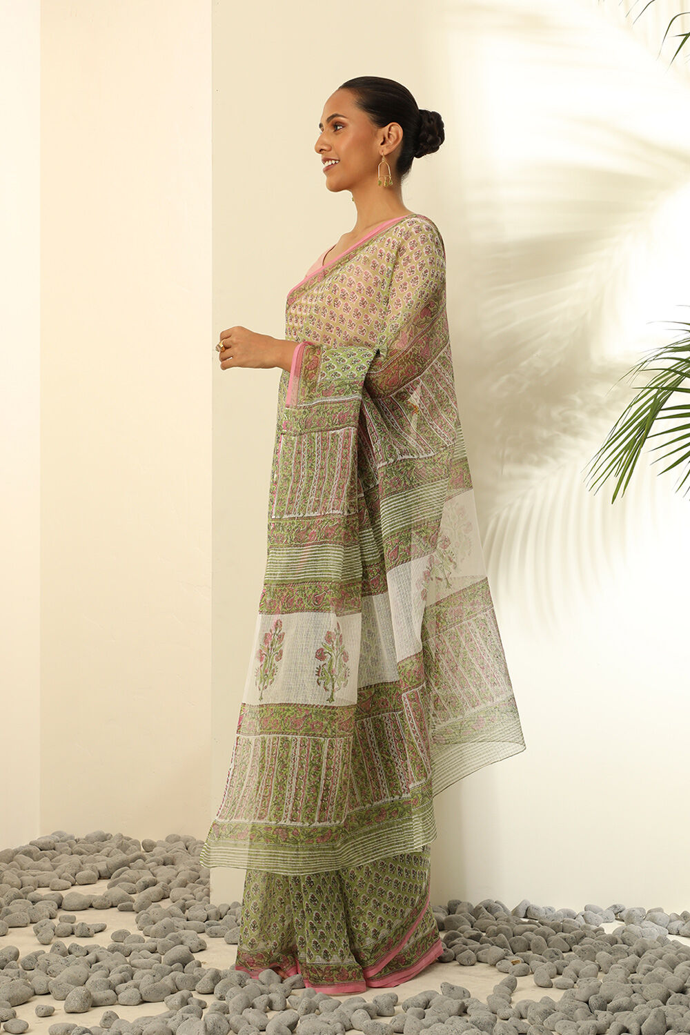 Light Green Pure Cotton Kota Bagru Block Printed Saree image number null