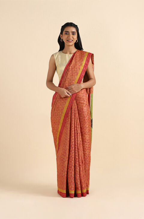 Light Orange Pure Tussar Silk Embroidered Saree