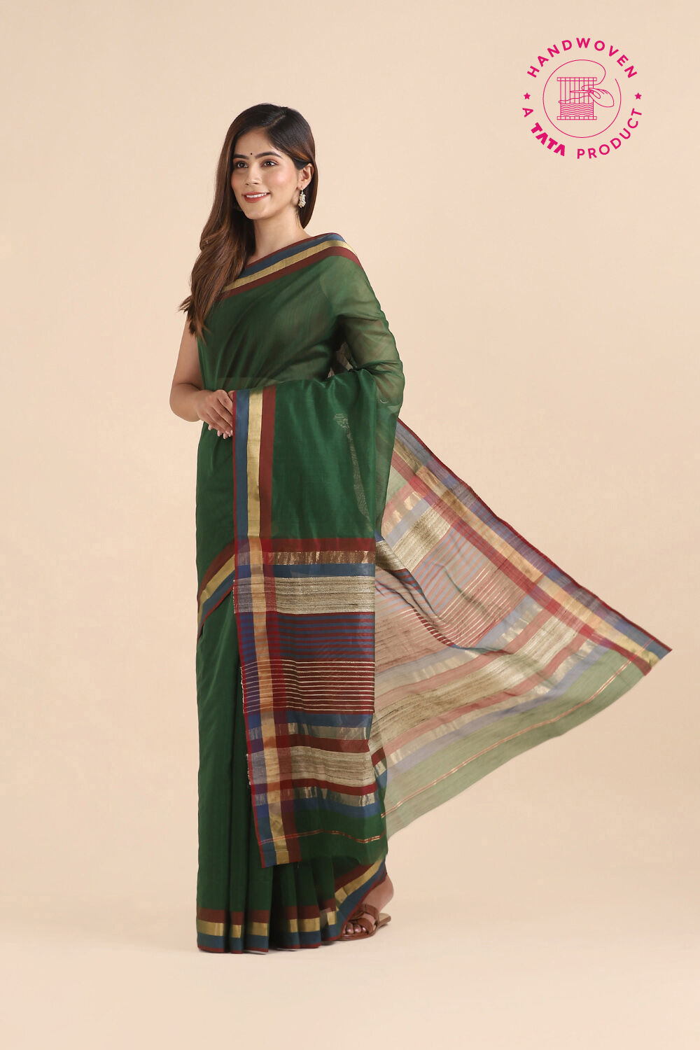 Dark Green Pure Silk Cotton Maheshwari Saree image number null