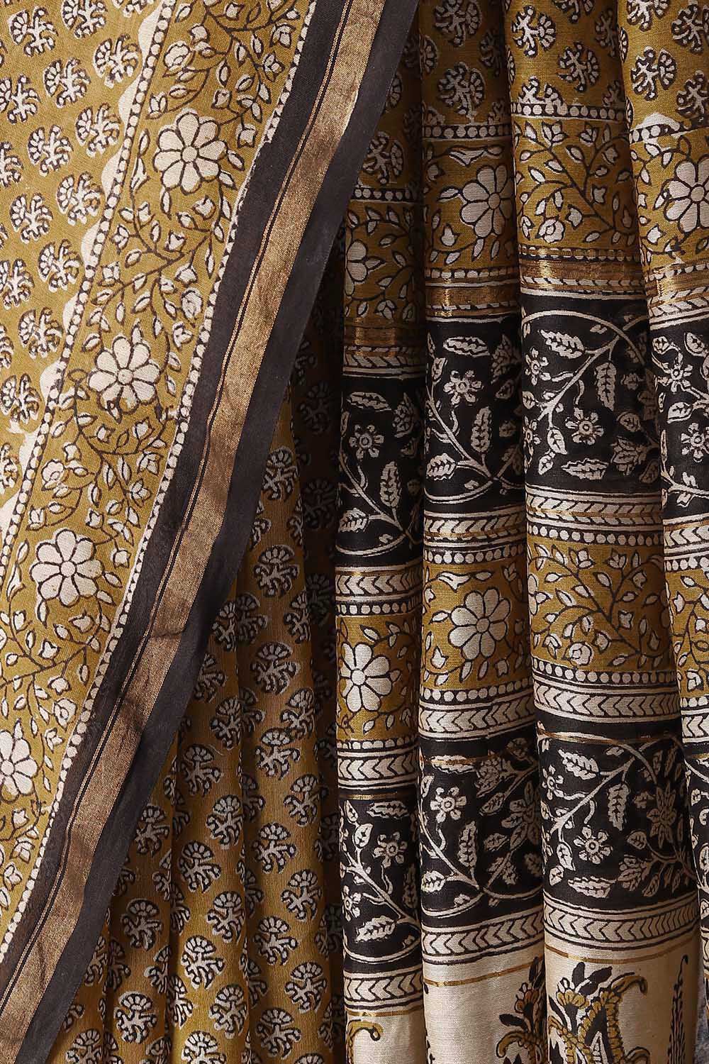 Yellow Pure Silk Cotton Bagru Printed Saree image number null