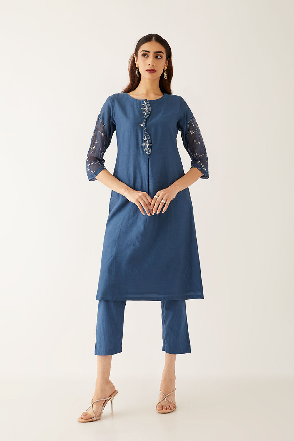Blue Silk Cotton Embroidered Kurta Set image number null