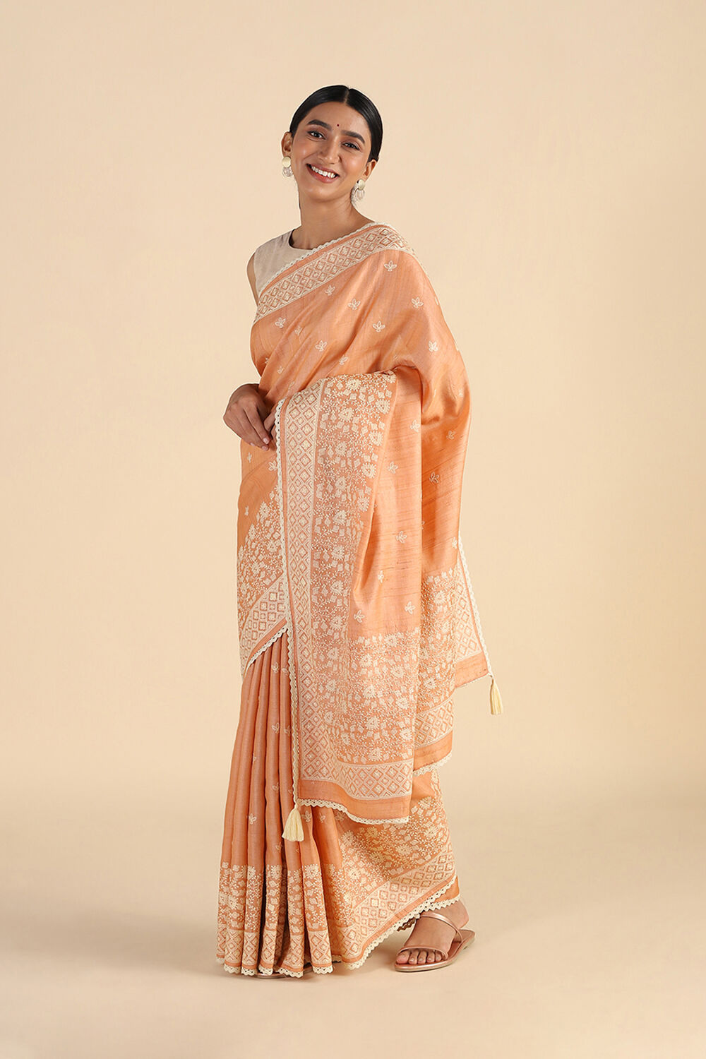 Light Orange Embroidered Pure Tussar Saree image number null