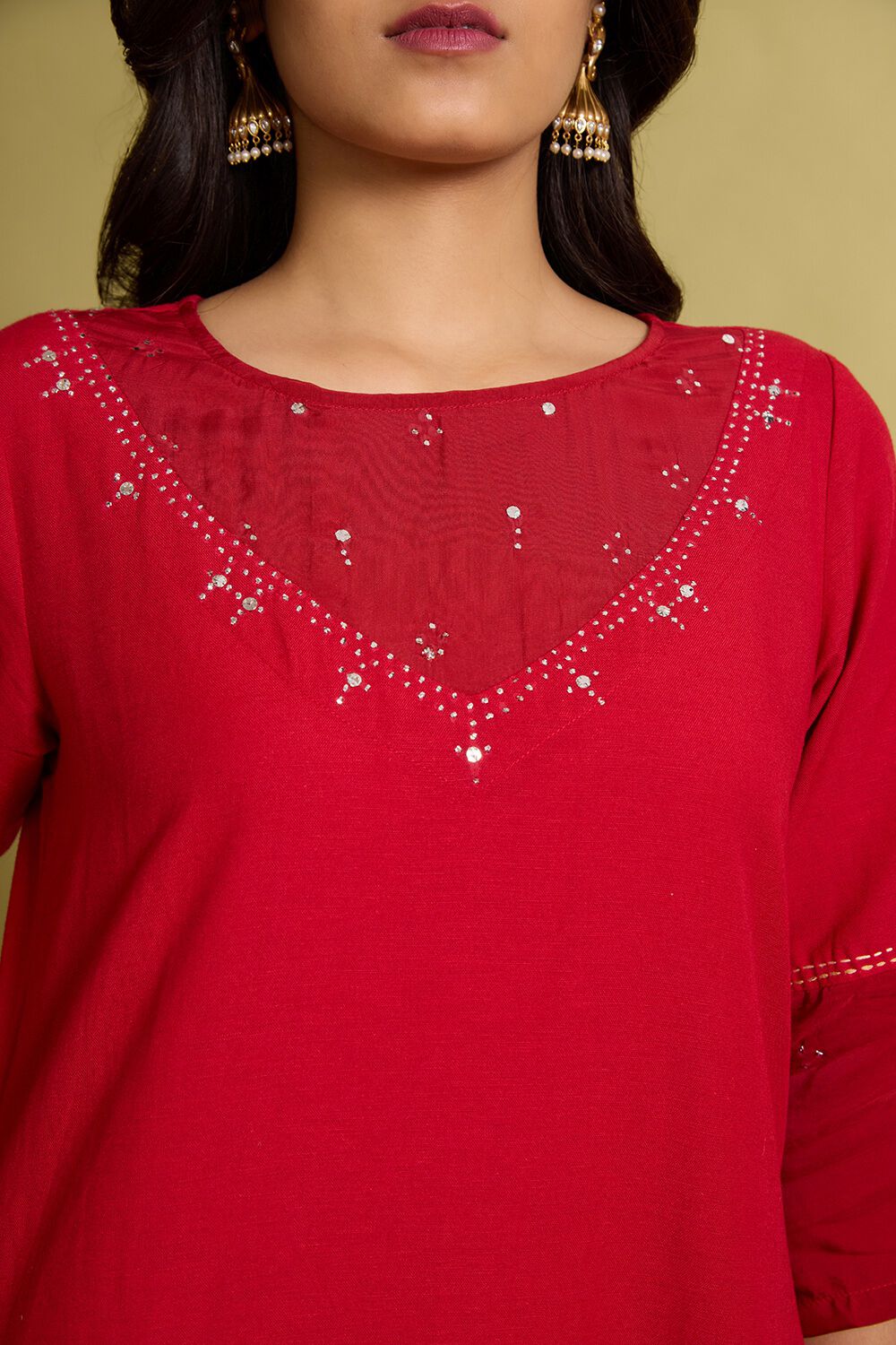 Red Cotton Viscose Mukaish Kurta image number null