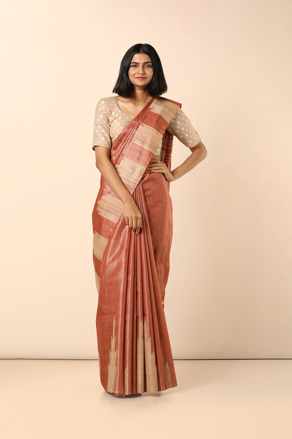 Light Orange Handwoven Woven Pure Tussar Silk Saree image number null