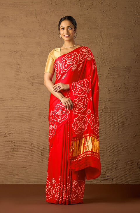Red Gujarat Pure Silk Tie & Dye Bandhani Saree