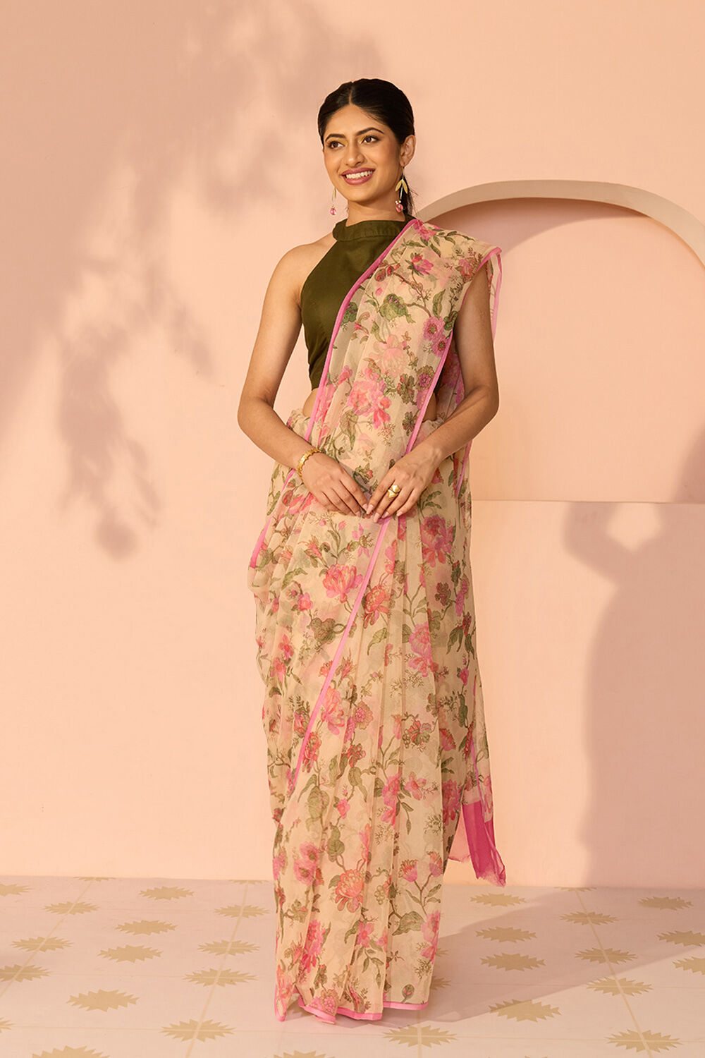 Beige Screen Printed Viscose Chiffon Saree image number null
