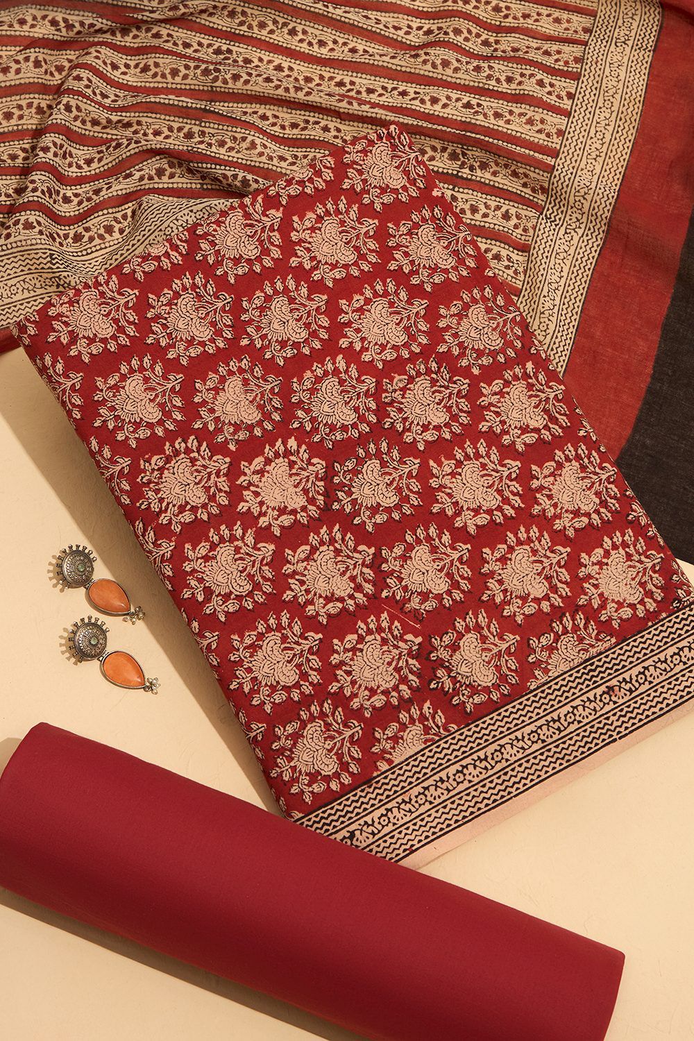 Dark Red Bagru Block Printed Pure Cotton Unstitched Suit Set image number null