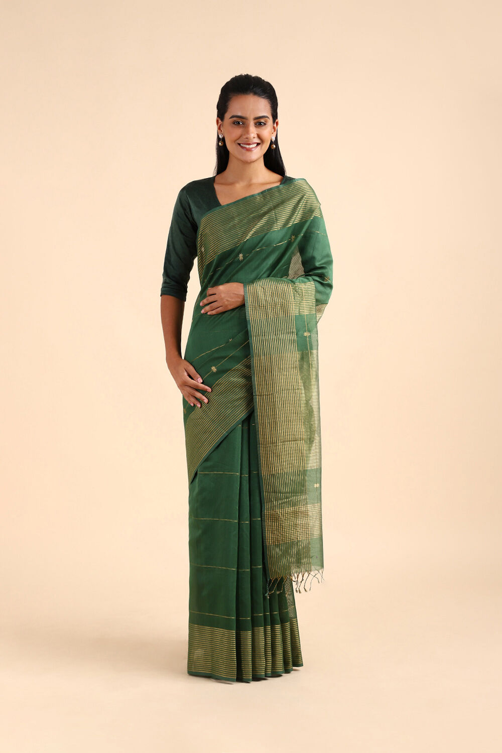 Dark Green Pure Silk Cotton Maheswari Saree image number null