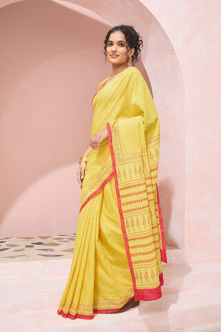 Yellow Pure Cotton Mulmul Block Printed Bengal Saree thumbnail image number null