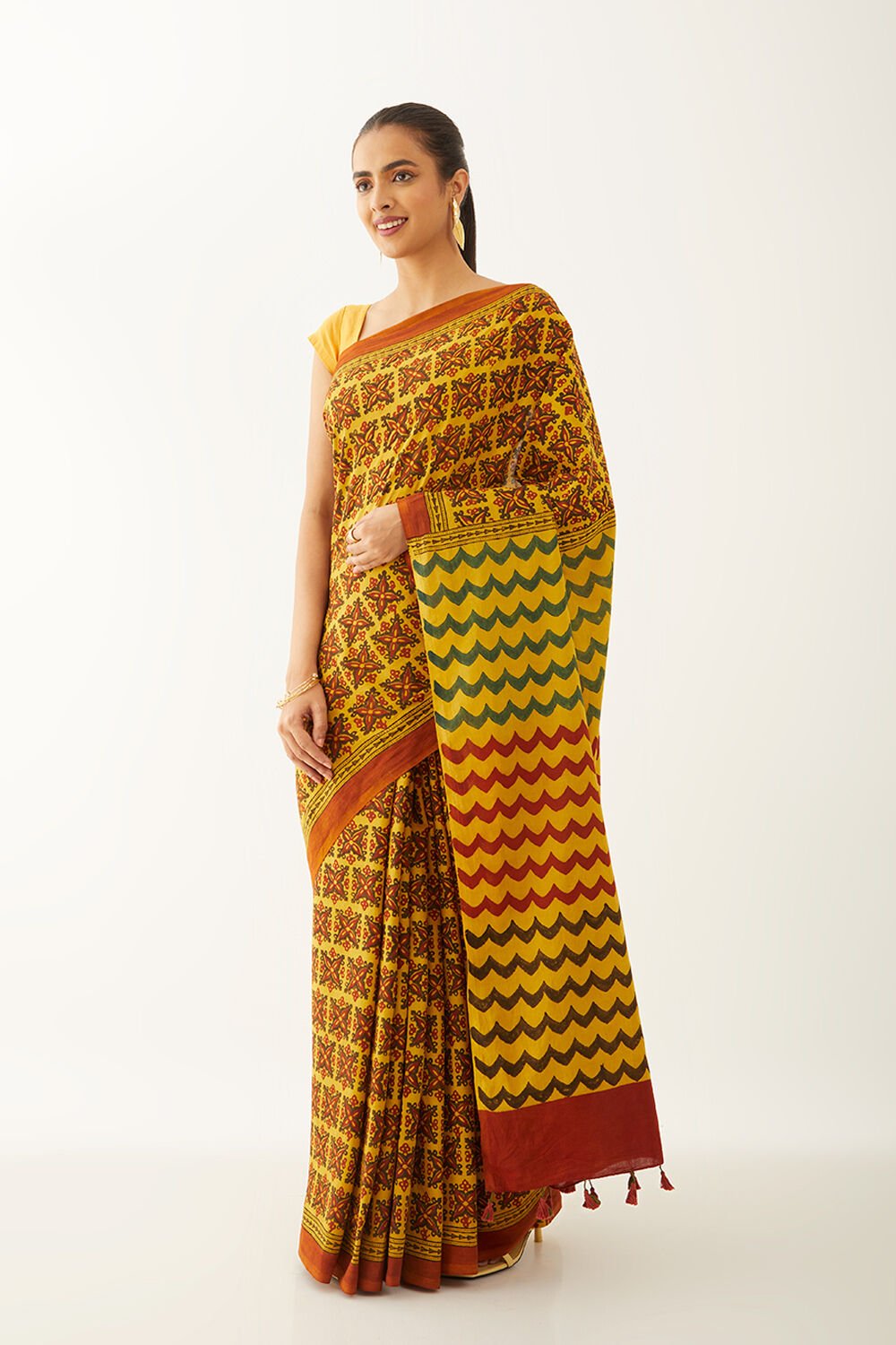 Yellow Pure Cotton Ajrakh Block Print Saree image number null