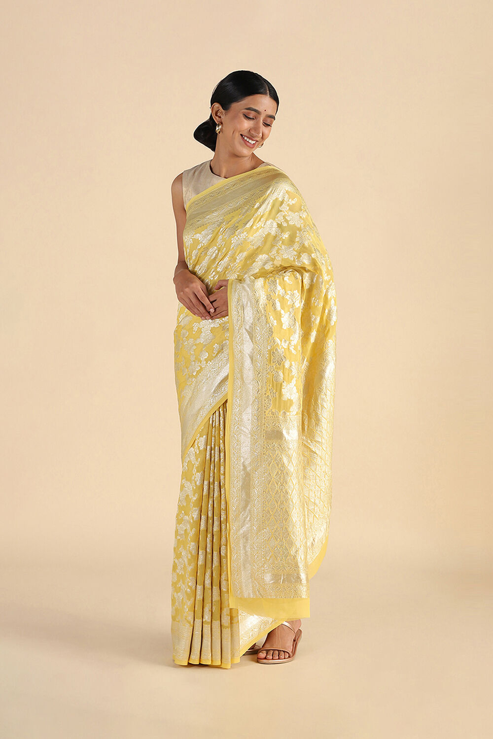 Yellow Handwoven Banarasi Pure Georgette Saree image number null