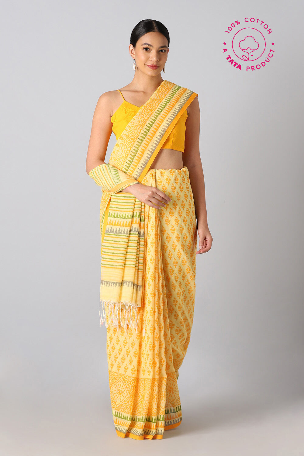 Yellow Pure Cotton Printed Saree image number null