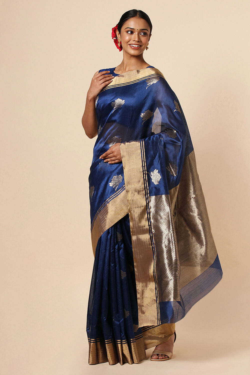 Dark Blue Pure Silk Chanderi Saree image number null