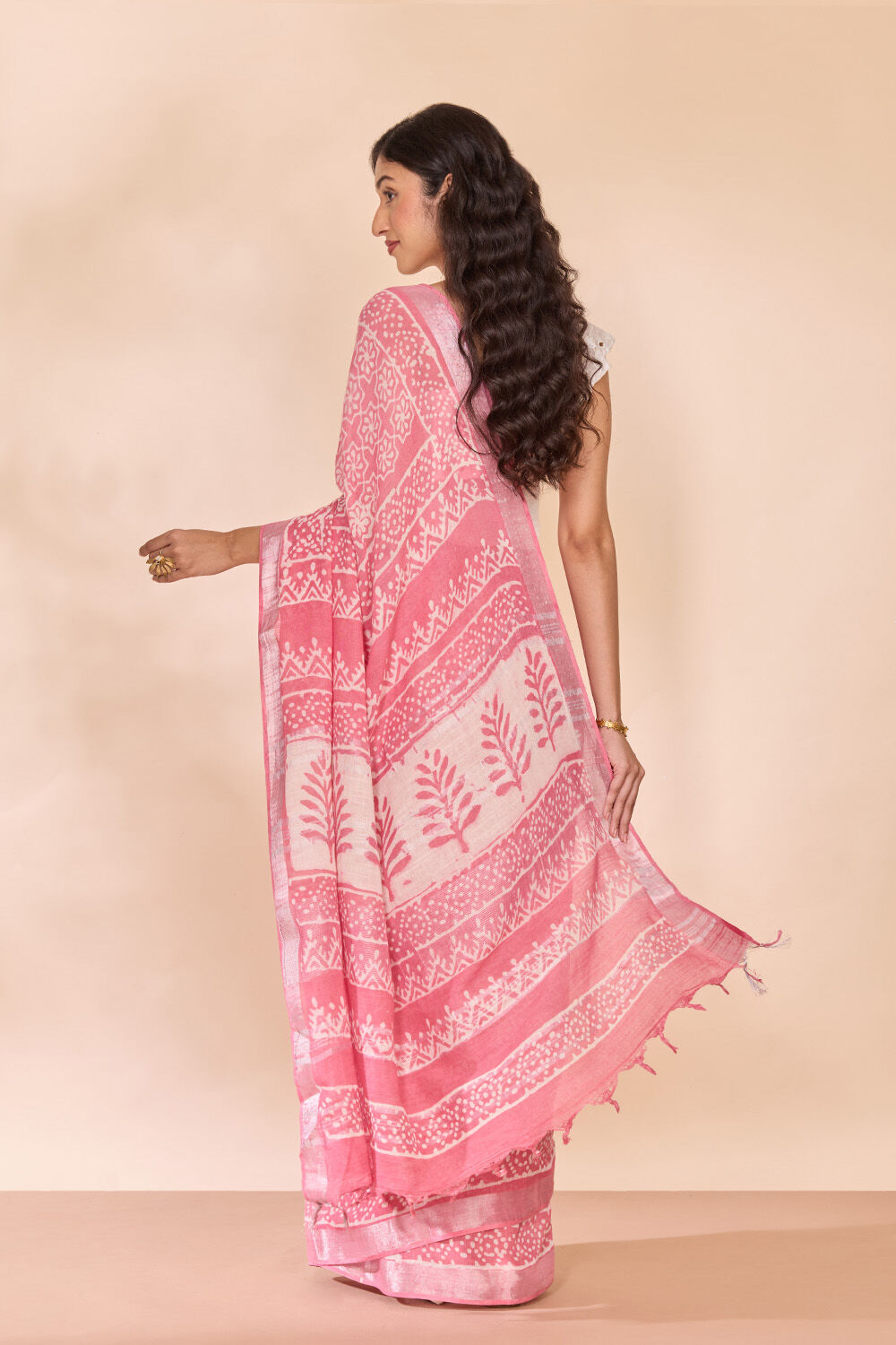 Pink Bagru Viscose Cotton Dabu Block Printed Saree image number null