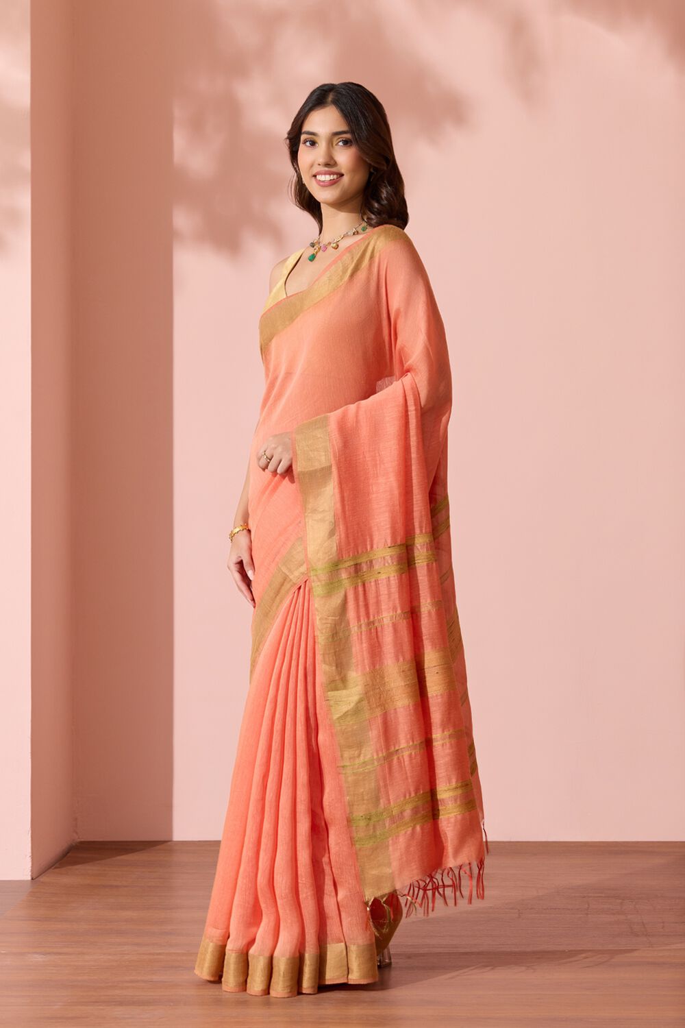 Light Orange Woven Silk Bengal Saree image number null