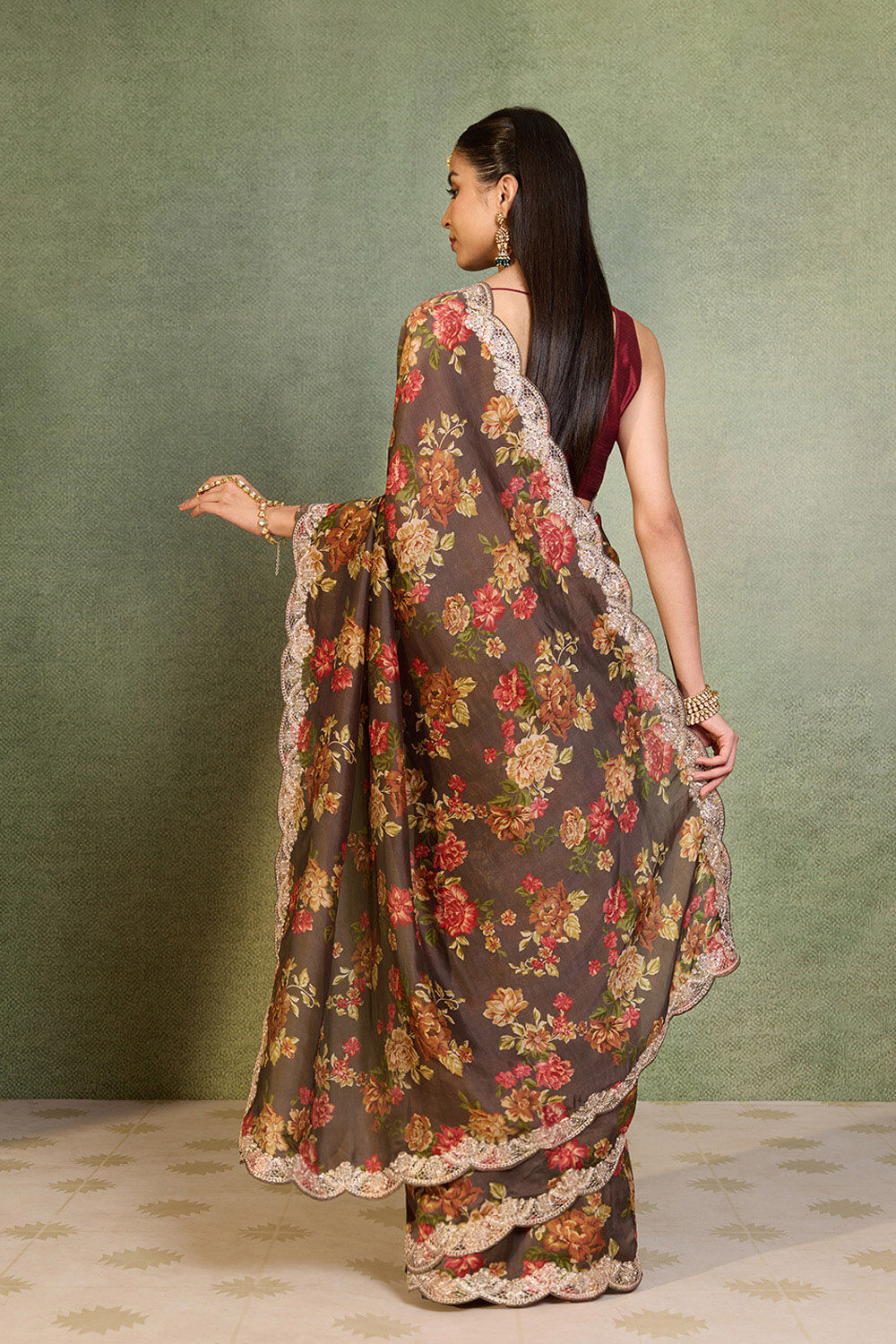 Brown Embroidered Pure Viscose Saree image number null