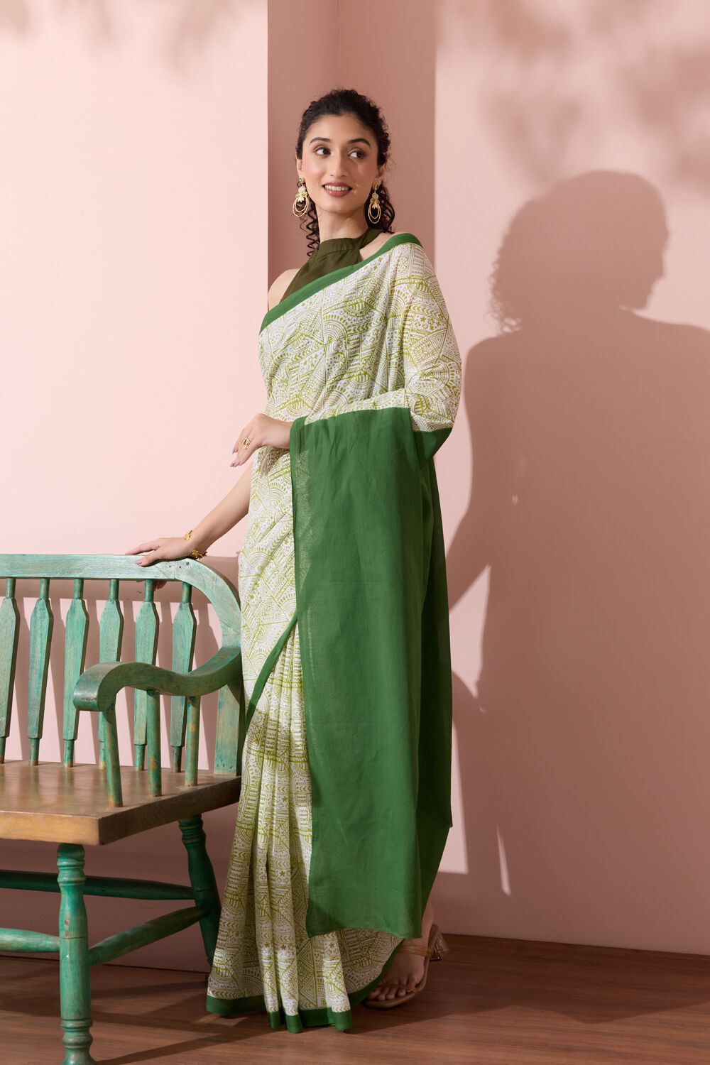 Off White Pure Cotton Mulmul Block Printed Bengal Saree image number null