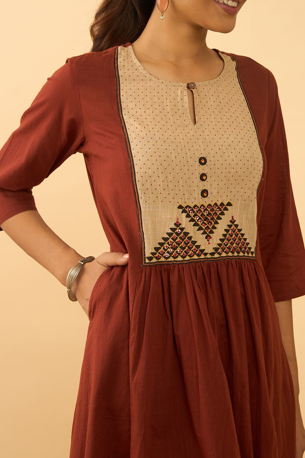 Dark Red Block Printed Pure Cotton Kurta image number null