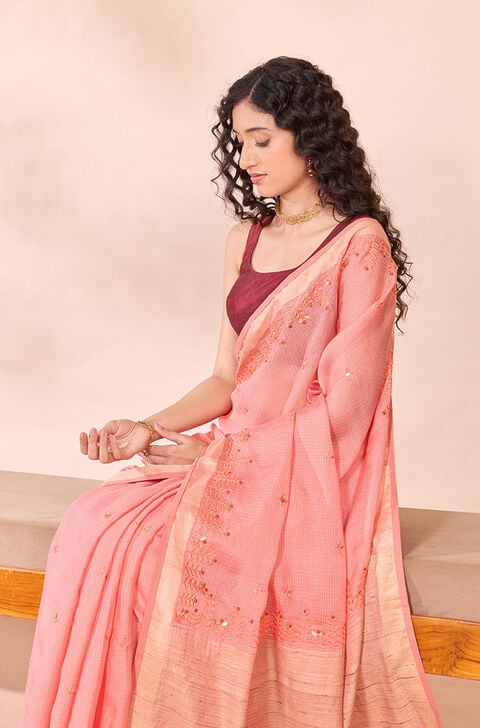 Light Orange Silk Viscose Embroidered Saree