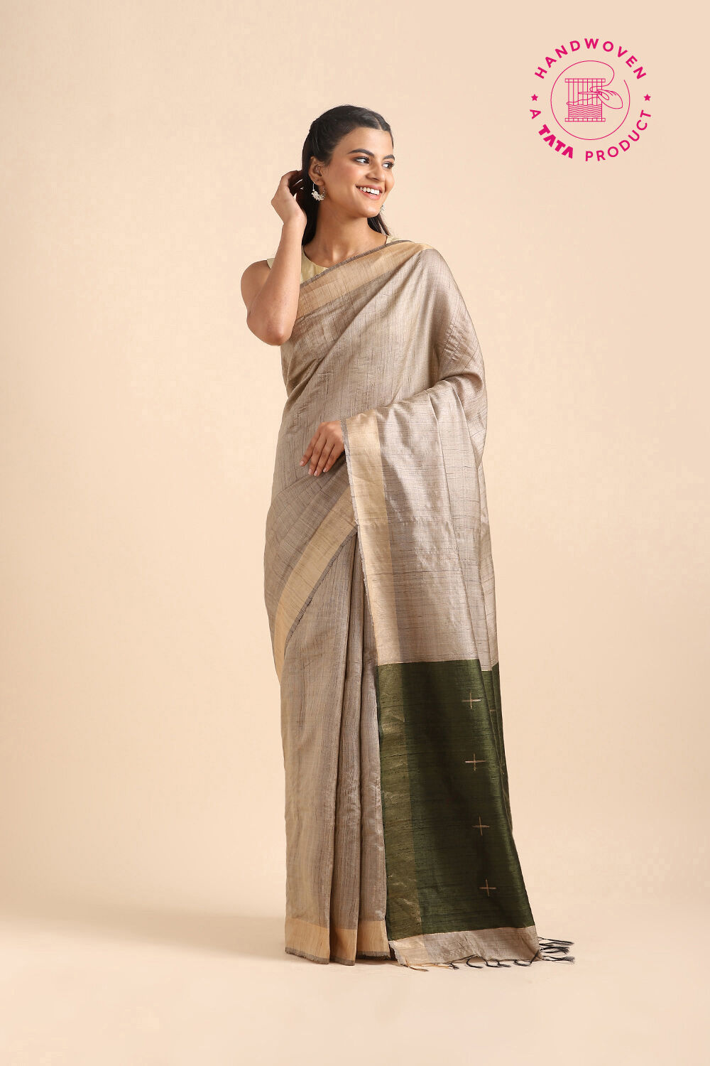 Beige Pure Tussar Silk Bhagalpuri Saree image number null