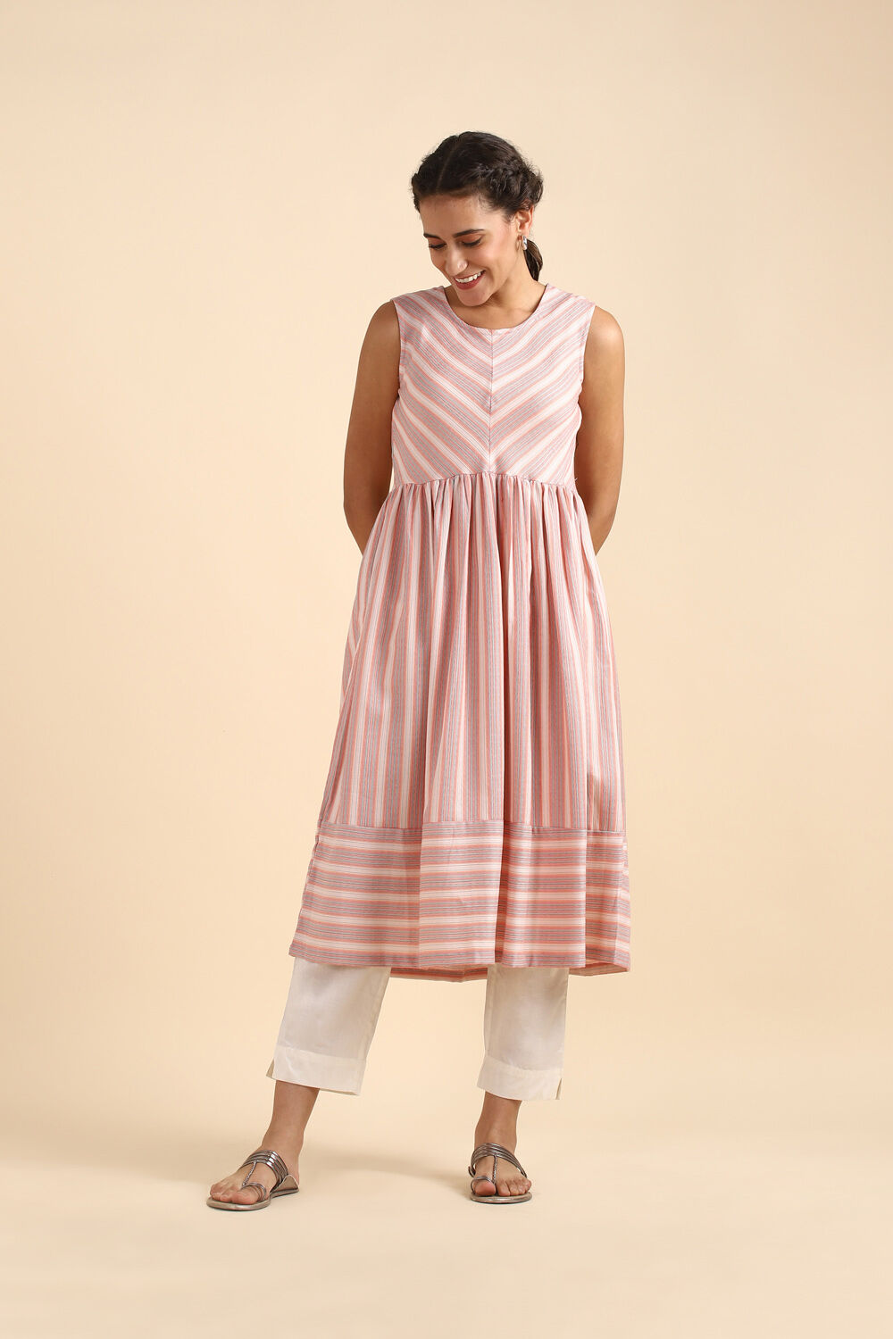 Beige Sleeveless Cotton Jamdani Kurta image number null