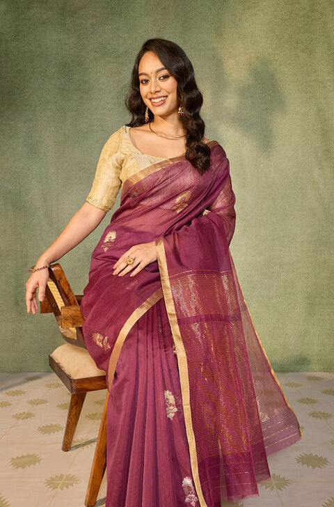 Purple Woven Pure Silk Cotton Chanderi Saree