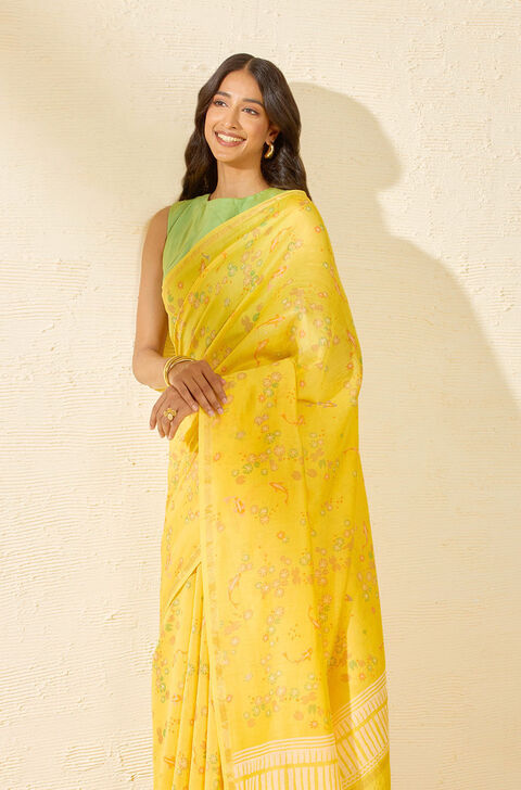 Yellow Bagru Screen Printed Pure Silk Cotton Saree