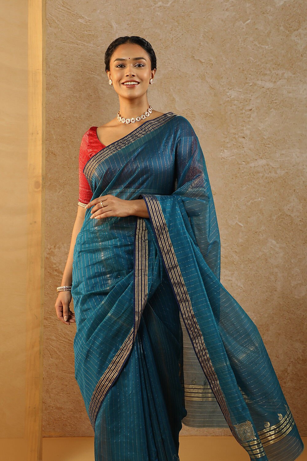 Blue Woven Pure Silk Cotton Chanderi Saree image number null