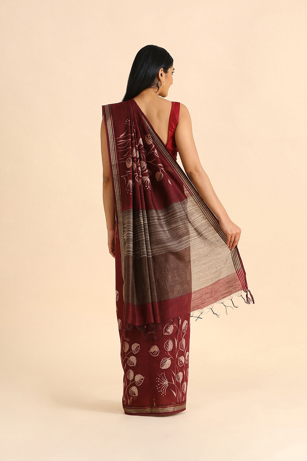 Dark Red Hand Blockprinted Pure Tussar Vanya Saree image number null
