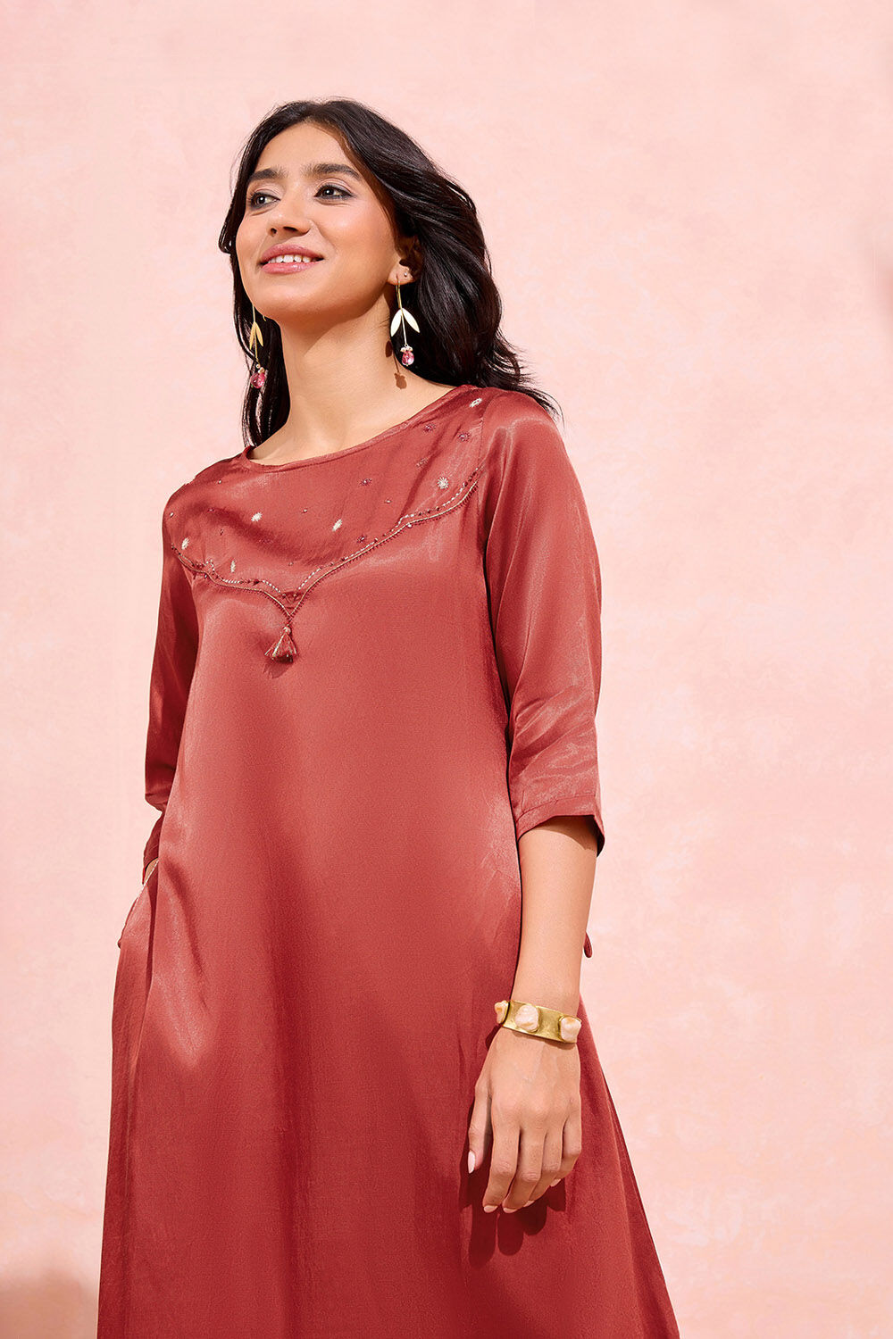 Dark Orange Viscose Cotton Embroidered Kurta Set image number null