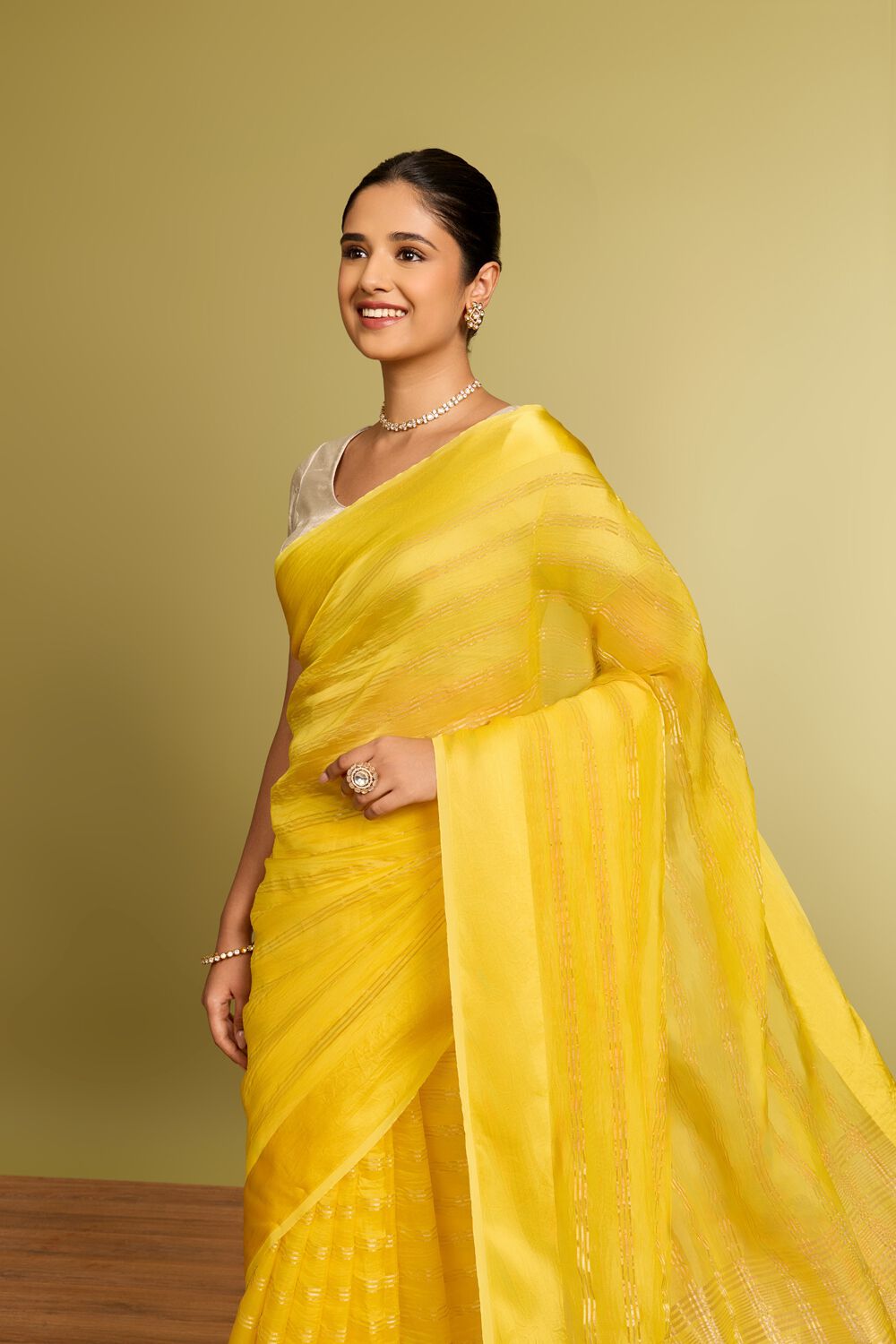 Yellow Viscose Organza Woven Saree image number null