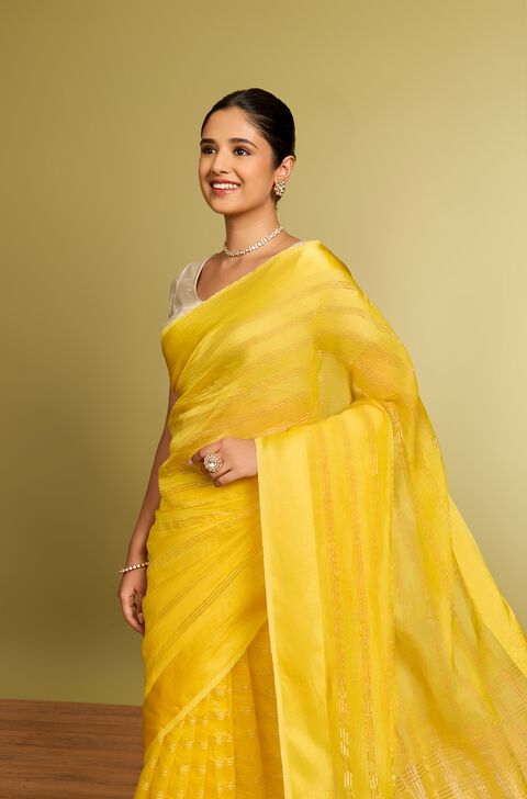 Yellow Viscose Organza Woven Saree