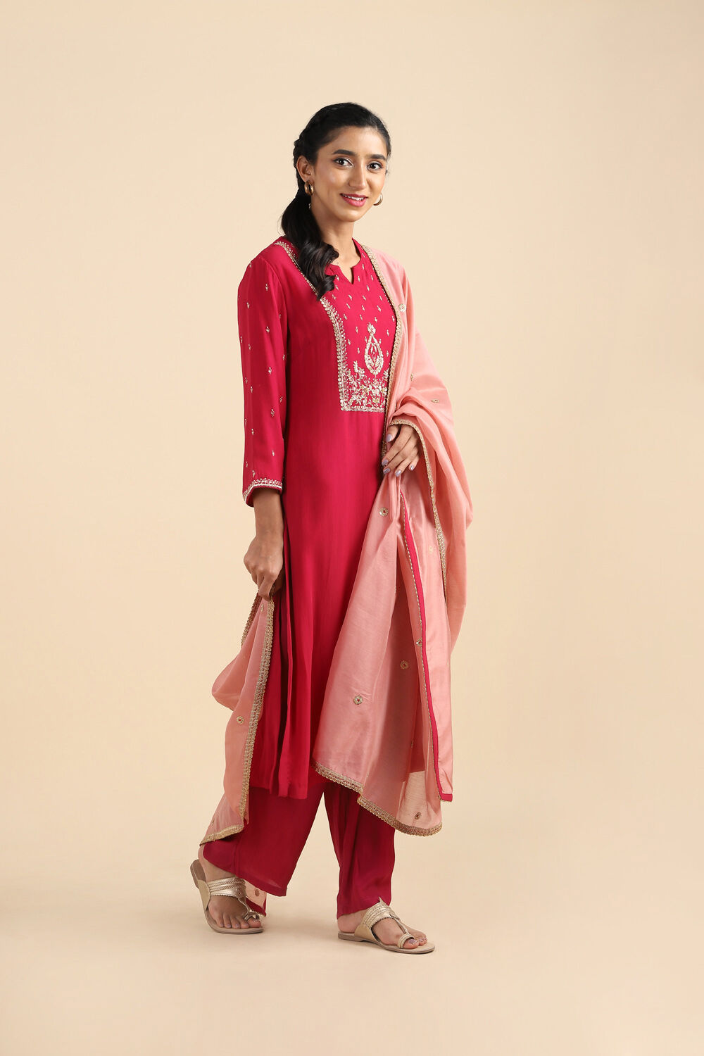 Dark Pink Viscose Embroidered Kurta Set image number null