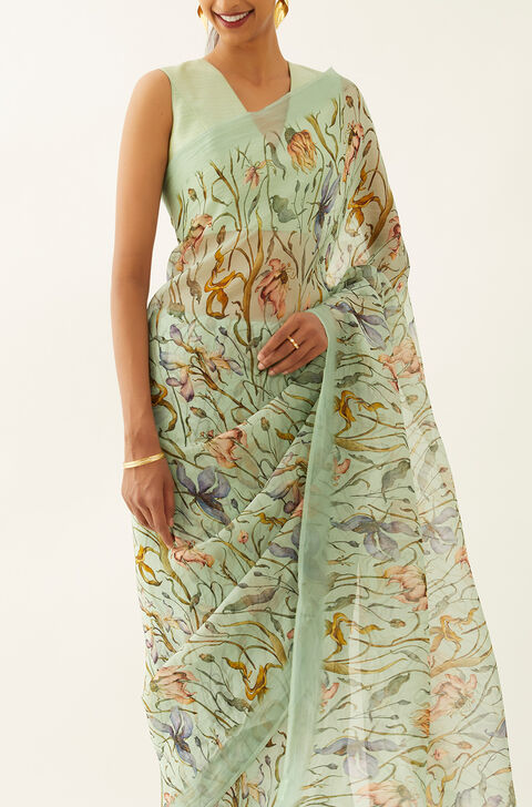 Green Viscose Organza Digital Printed Saree