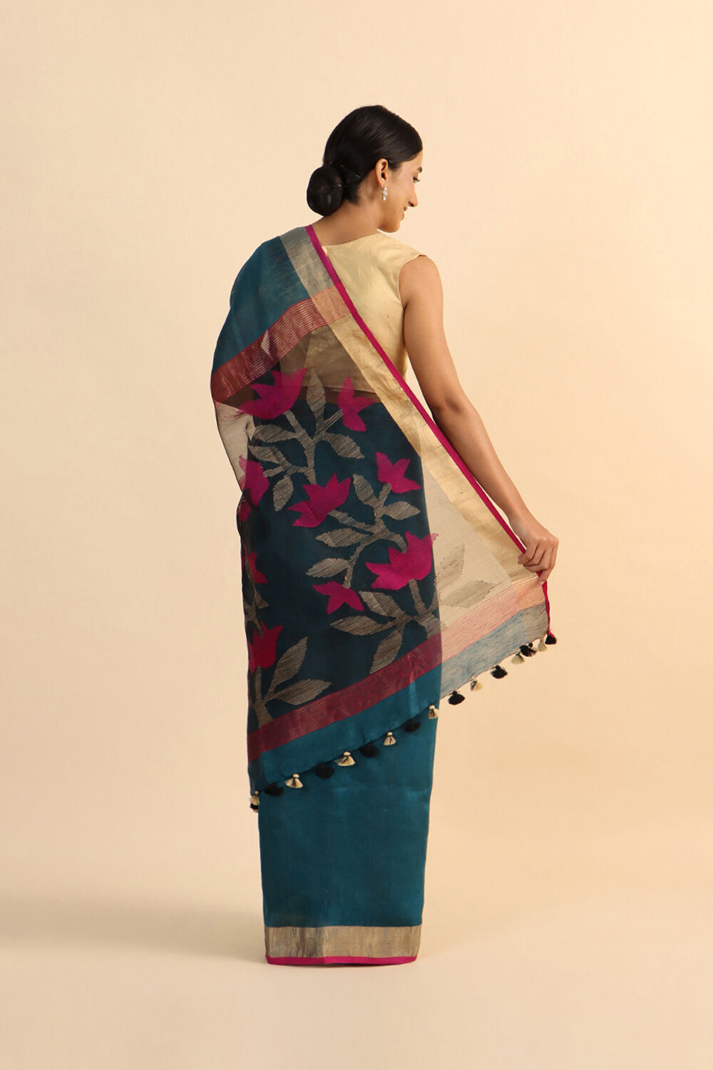 Light Blue Pure Silk Linen Jamdani Saree image number null