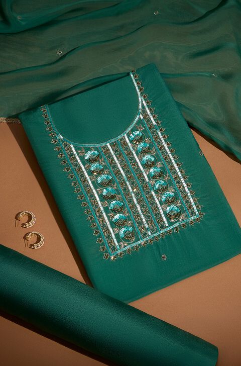 Dark Green Viscose Organza Embroidered Unstitched Suit Set