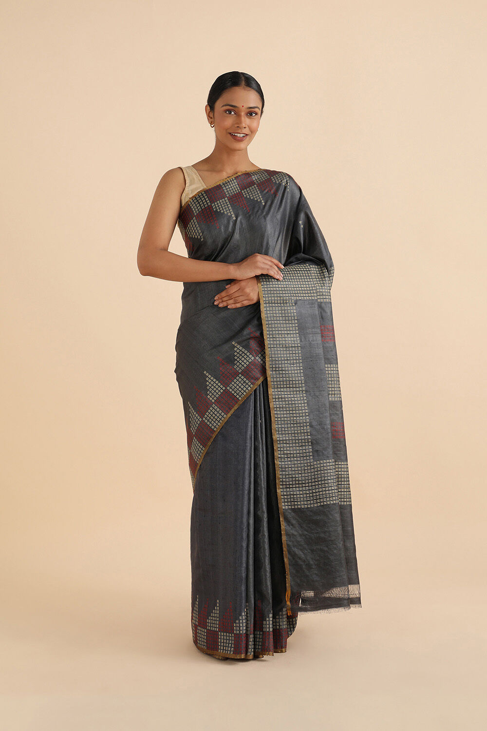 Grey Pure Tussar Woven Saree image number null