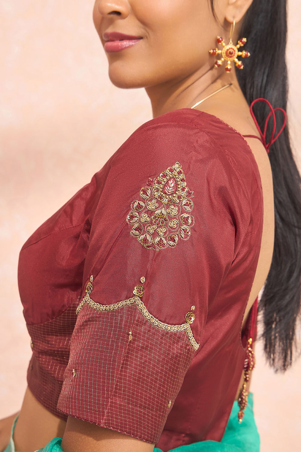Red Pure Silk Embroidered Blouse image number null
