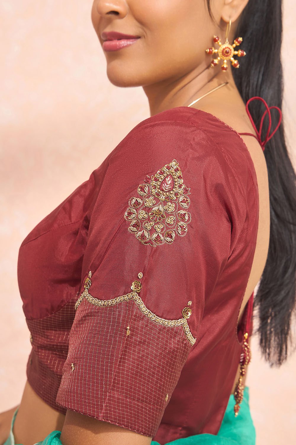 Red Pure Silk Embroidered Blouse image number null