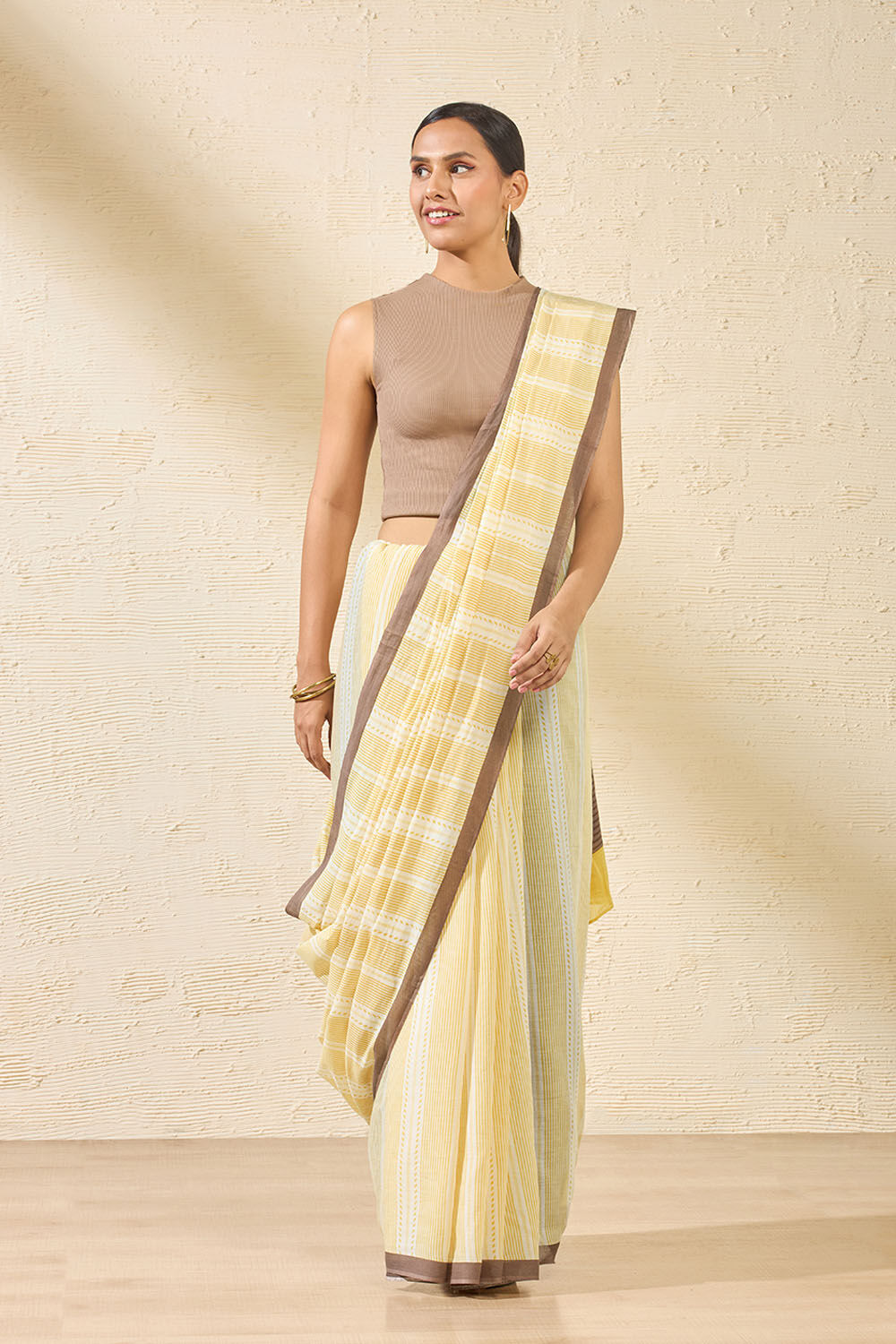 Light Yellow Screen Printed Bengal Pure Mulmul Cotton Saree image number null