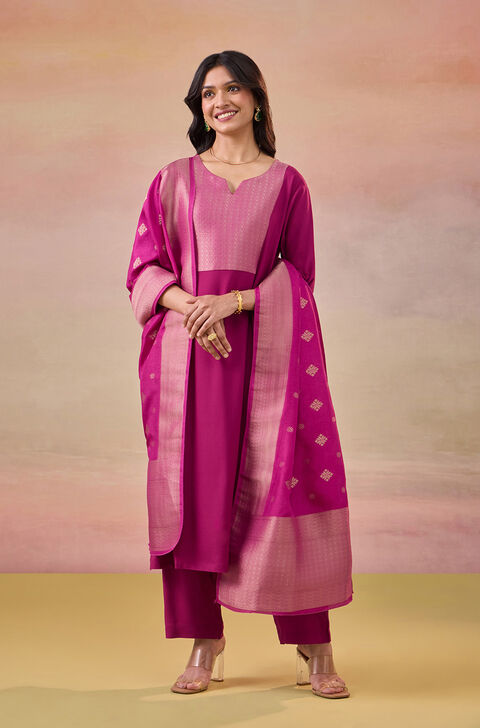 Dark Pink Brocade Pure Viscose Kurta Set