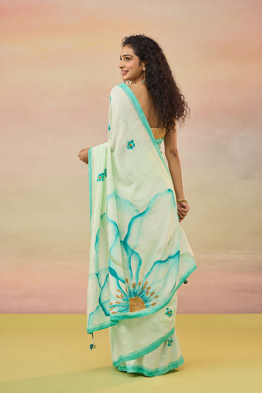 Light Blue Bengal Pure Silk Hand Painted Embroidered Saree image number null