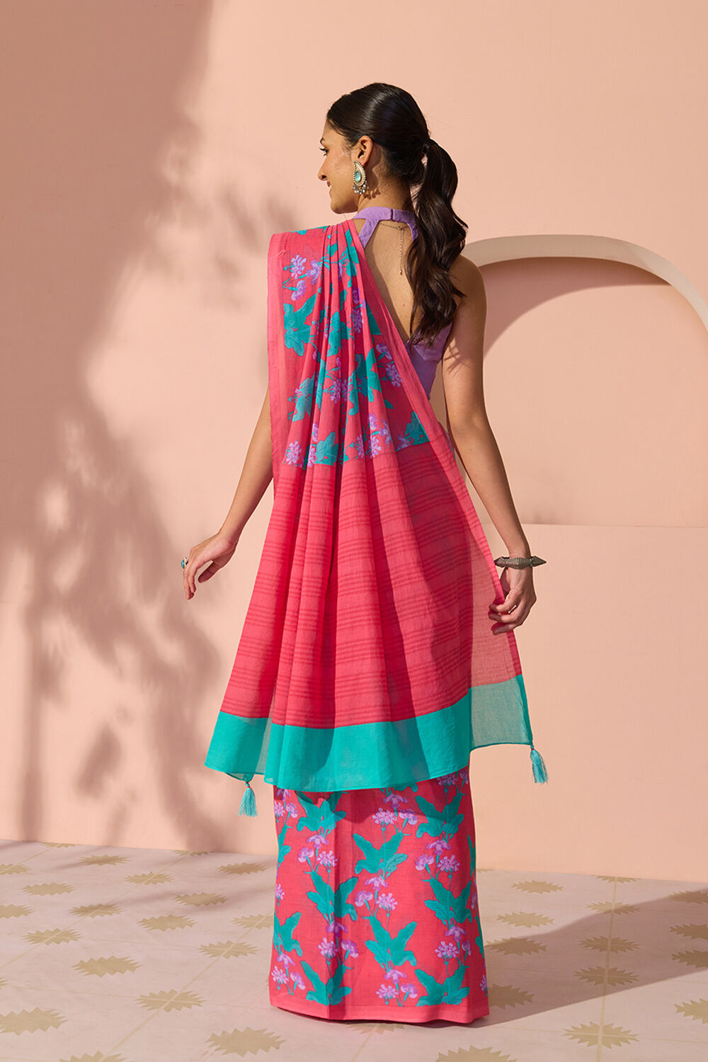 Dark Pink Bengal Screen Printed Pure Cotton Mulmul Saree image number null