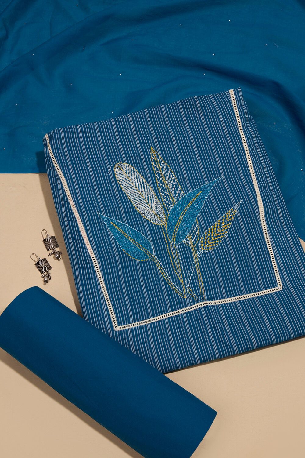 Dark Blue Pure Cotton Kantha Embroidered Unstitched Suit Set image number null