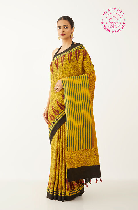 Yellow Pure Cotton Ajrakh Block Print Saree